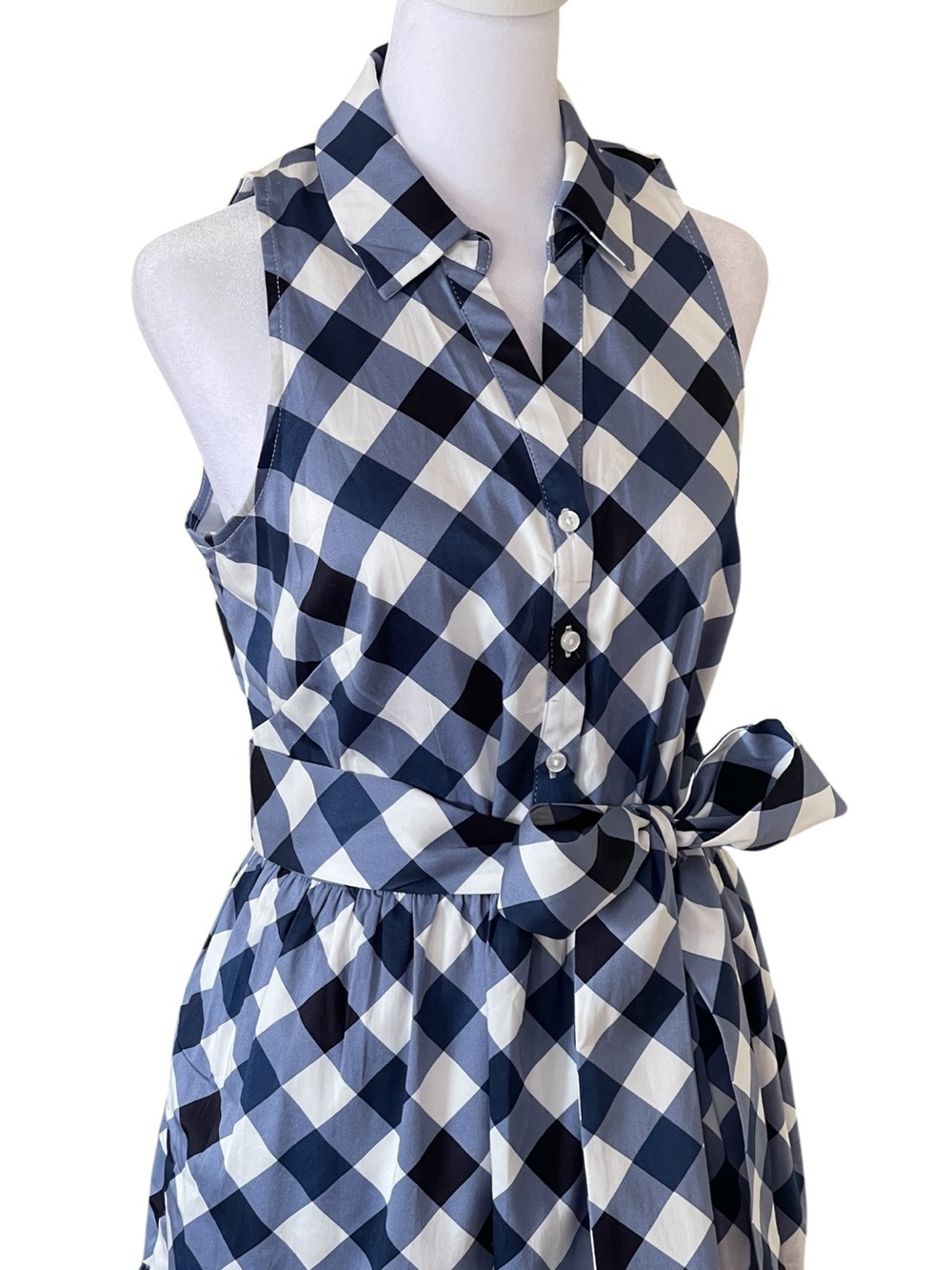 Tommy Hilfiger Navy Blue White Check Shirt Dress Sz 4 Sleeveless Pockets Tie NWT - Picture 4 of 14